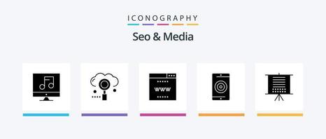 SEO und Media Glyph 5 Icon Pack inklusive Leistung. Handy, Mobiltelefon. Suche. Medien. Seite? ˅. kreatives Symboldesign vektor