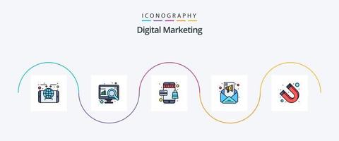 mit digitaler Marketinglinie gefülltes flaches 5-Icon-Paket einschließlich Attraktion. Lautsprecher. online. E-Mail Marketing. Kampagnen vektor