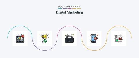 digitale Marketinglinie gefülltes flaches 5-Icon-Paket inklusive Bericht. Analytik. Schlüssel. Handy, Mobiltelefon. Dartscheibe vektor