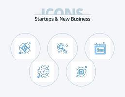 Startups und neue Unternehmen blaues Icon Pack 5 Icon Design. sperren. Suche. Versicherung. Budget. Produktion vektor