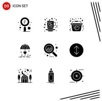 Solide Glyphenpackung mit 9 universellen Symbolen der Liebe Regenschirm Tee Versicherung Liebe editierbare Vektordesign-Elemente vektor