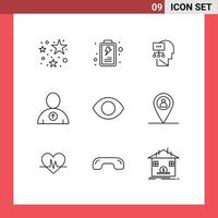 uppsättning av 9 modern ui ikoner symboler tecken för plats mänsklig sinne ansikte användare redigerbar vektor design element