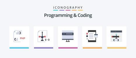 programmering och kodning platt 5 ikon packa Inklusive kodning. app. utveckling. enhet. utveckla. kreativ ikoner design vektor