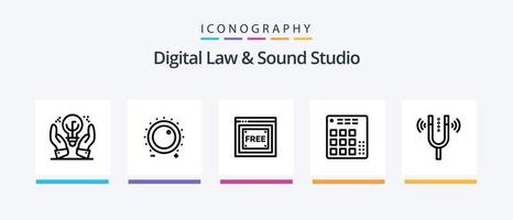 Digital Law and Sound Studio Line 5 Icon Pack inklusive Mixer. Regler. Spule. Kontrolle. Aufzeichnung. kreatives Symboldesign vektor