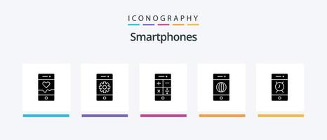 Smartphones Glyph 5 Icon Pack inklusive Alarm. Internet. Smartphone. Elektronik. Technologie. kreatives Symboldesign vektor