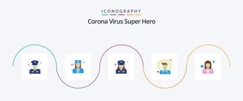 Corona-Virus Superheld Flat 5 Icon Pack inklusive Arzt. männlich. Gewalt. Gesundheit. Gesundheit vektor