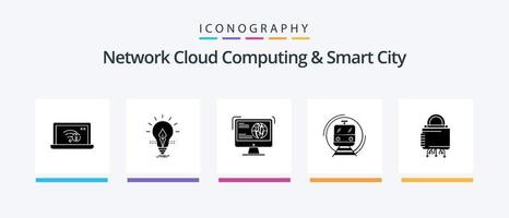 Netzwerk Cloud Computing und Smart City Glyph 5 Icon Pack inklusive Smart. Metro. Energie. Netz. Entwicklung. kreatives Symboldesign vektor