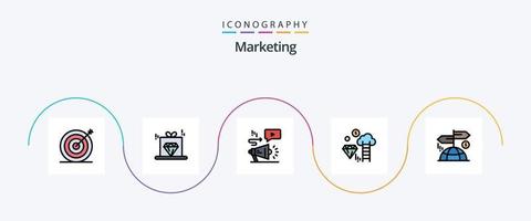marknadsföring linje fylld platt 5 ikon packa Inklusive riktning. marknadsföring. reklam. dollar. dimond vektor