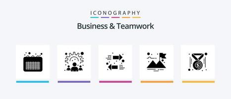 Business- und Teamwork-Glyphe 5 Icon Pack inklusive Dollar. Abzeichen. Arbeit. Erfolg. Fertig. kreatives Symboldesign vektor