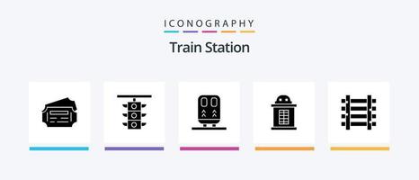 tåg station glyf 5 ikon packa Inklusive tåg. järnvägar. tillbaka. tåg. biljett. kreativ ikoner design vektor
