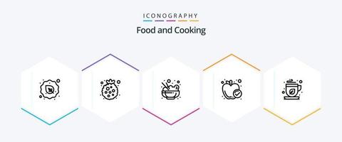 mat 25 linje ikon packa Inklusive grön te. friska mat. hallon. måltid. äpple vektor