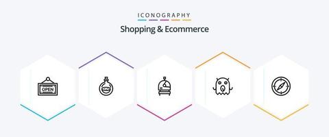 Shopping und E-Commerce 25-Zeilen-Icon-Paket inklusive . Kompass. Helm. Richtung. Platz vektor