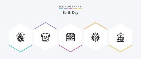 Earth Day 25-Zeilen-Icon-Pack inklusive Globus. Sonne. Shirt. Elektrizität. Tag der Erde vektor