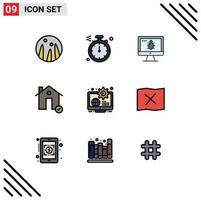 Stock Vector Icon Pack mit 9 Zeilenzeichen und Symbolen für den Inhalt des Globus-Bildschirmhauses vollständig bearbeitbare Vektordesign-Elemente