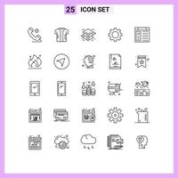 Piktogramm-Set aus 25 einfachen Linien von Seiten-App-Stoff-Zahnrädern editierbare Vektor-Design-Elemente vektor