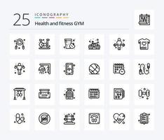 Fitnessstudio 25-Zeilen-Icon-Pack inklusive Übung. Fitnessstudio. Getränk. Kreislauf. Fahrrad vektor