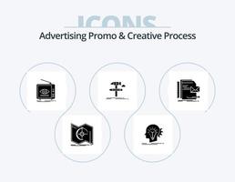 reklam promo och kreativ bearbeta glyf ikon packa 5 ikon design. utveckla. bygga. aning. tv. marknadsföring vektor