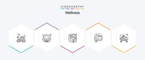 Wellness-Icon-Paket mit 25 Zeilen, einschließlich Massage. sauber. Symbol. Duschseife. Seife vektor