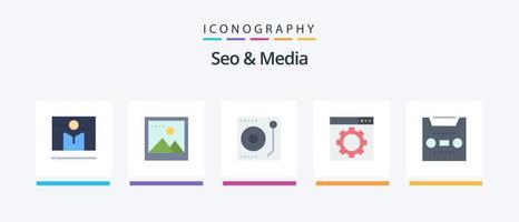 SEO und Media Flat 5 Icon Pack inklusive Multimedia. Audio. Audio. Webseite. Optimierung. kreatives Symboldesign vektor