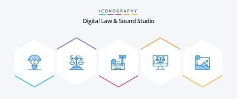 Digital Law and Sound Studio 25 Blue Icon Pack inklusive Technologie. digitales Recht im Internet. Beurteilung. Rechtsanwalt. Internet vektor