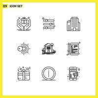 uppsättning av 9 modern ui ikoner symboler tecken för byggnad hus kontor Hem solig redigerbar vektor design element