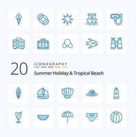 20 Beach Blue Color Icon Pack wie Sonnenschutz-Strandflossen-Cap-Strand vektor