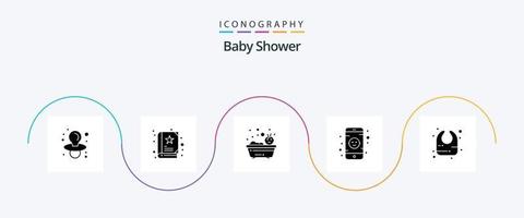 bebis dusch glyf 5 ikon packa Inklusive . spädbarn. badning. haklapp. leksak vektor