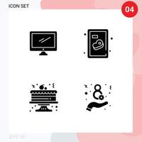 Piktogrammsatz aus 4 einfachen soliden Glyphen der Computerfeier imac Fleischtag editierbare Vektordesign-Elemente vektor