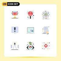 Stock Vector Icon Pack mit 9 Zeilen Zeichen und Symbolen für operative Fenster Wissenschaft Ausrufezeichen Chat Fehler editierbare Vektordesign-Elemente