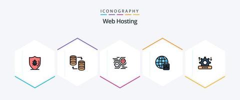 Webhosting 25 Filledline Icon Pack inklusive Servereinstellungen. Welt. Lagerung. Digital. Daten vektor