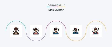 männliche Avatarlinie gefülltes flaches 5-Icon-Paket einschließlich Arbeit. Fachmann. Trainer. Menschen. Glocke vektor