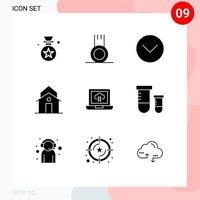 9 solides Glyphen-Konzept für mobile Websites und Apps Errungenschaften kommunaler Wohnungsbau editierbare Vektordesign-Elemente vektor