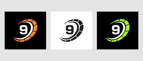 buchstabe 9 auto automotive logo für autoservice, autoreparatur mit tachometersymbol vektor