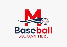 Buchstabe m Baseball-Logo-Konzept mit beweglicher Baseball-Icon-Vorlage vektor