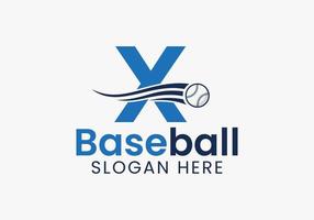 Buchstabe x Baseball-Logo-Konzept mit beweglicher Baseball-Icon-Vorlage vektor