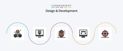 Design- und Entwicklungslinie gefülltes flaches 5-Icon-Paket einschließlich Entwicklung. Bezier-Tool. Entwicklung. Programmierung. Entwicklung vektor