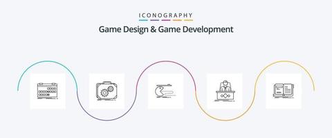 spel design och spel utveckling linje 5 ikon packa Inklusive legend. spel. framsteg. Pac Man. spel vektor