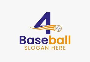 Letter 4 Baseball-Logo-Konzept mit beweglicher Baseball-Icon-Vorlage vektor