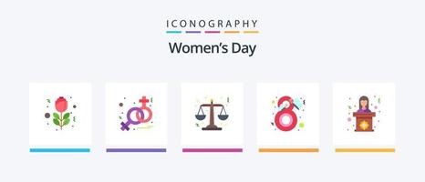 Womens Day Flat 5 Icon Pack inklusive Frau. Rede. Waage. Politiker. Mode. kreatives Symboldesign vektor