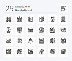Nyheter 25 linje ikon packa Inklusive journalist. kort. urklipp. Nyheter. artikel vektor