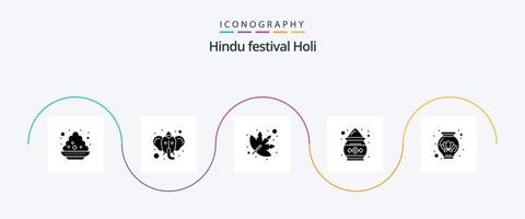 Holi Glyphe 5 Icon Pack inklusive Dekoration. Topf. Blatt. Pulver. Indien vektor
