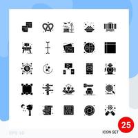 Mobile Schnittstelle solider Glyph-Satz von 25 Piktogrammen von Kanji-Kuchen-Brot-Erholungsstadt editierbaren Vektordesign-Elementen