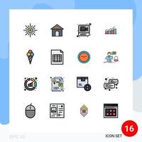 Gruppe von 16 modernen, flachen, farbgefüllten Linien, die für die Erhöhung von Flussdiagramm-Shope-Diagramm-Video-bearbeitbaren kreativen Vektordesign-Elementen festgelegt wurden vektor