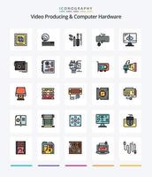 kreative Videoproduktion und Computerhardware 25 Zeilen gefülltes Icon Pack wie veraltet. Klaviatur. Netzwerk. Schnittstelle. Ausrüstung vektor