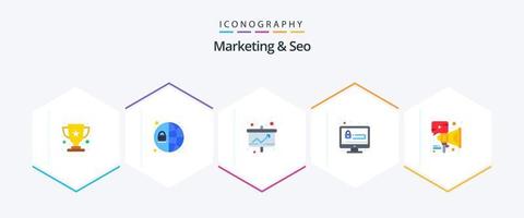 Marketing und SEO 25 Flat Icon Pack inklusive Marketing. Sicherheit. Diagramm. Konto. Passwort vektor