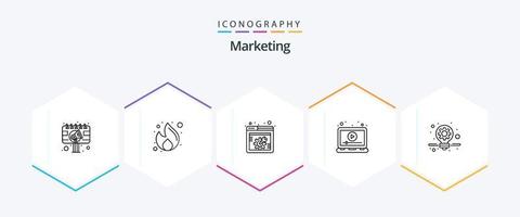 marknadsföring 25 linje ikon packa Inklusive spela. bärbar dator. pengar. annonser. webb miljö vektor