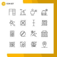 grupp av 16 konturer tecken och symboler för stjärna bil prestation video mänsklig redigerbar vektor design element