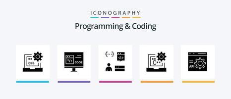 programmering och kodning glyf 5 ikon packa Inklusive kodning. c. utveckla. programmerare. utveckla. kreativ ikoner design vektor