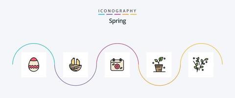vår linje fylld platt 5 ikon packa Inklusive växt. blad. blomma. natur. ekologi vektor