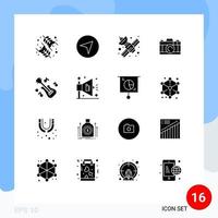 Gruppe von 16 soliden Glyphen Zeichen und Symbolen für Musikgitarre Medien Fotokamera editierbare Vektordesign-Elemente vektor
